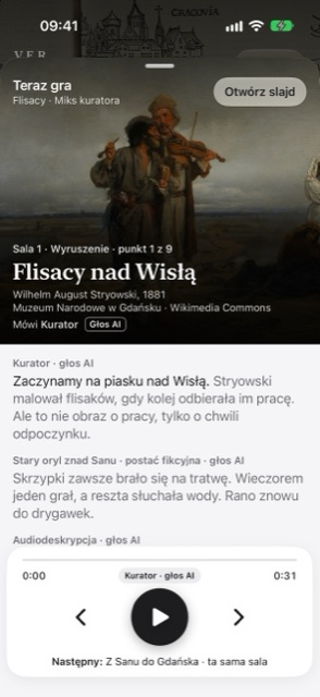 Player with the curator's story about the painting Raftsmen on the Vistula