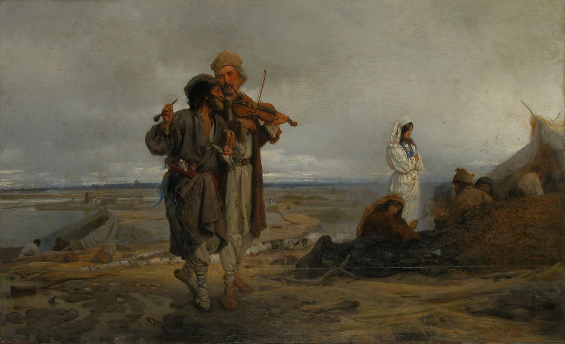 Raftsmen on a raft on the Vistula, a painting by Wilhelm August Stryowski from 1881.