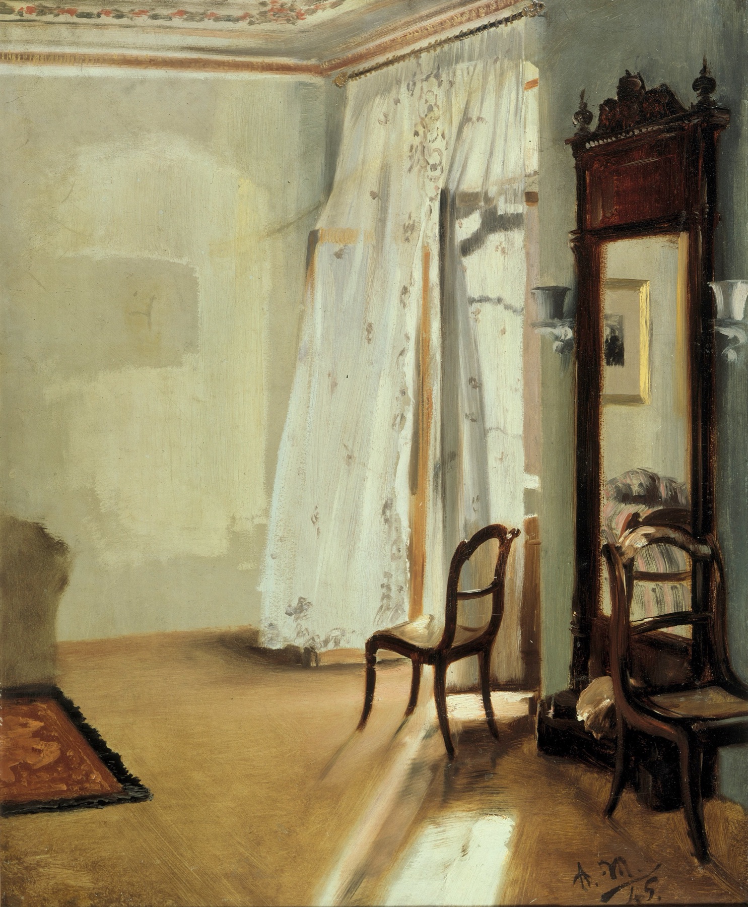 Adolph Menzel's painting The Balcony Room from 1845: the wind stirs a curtain in an empty room.