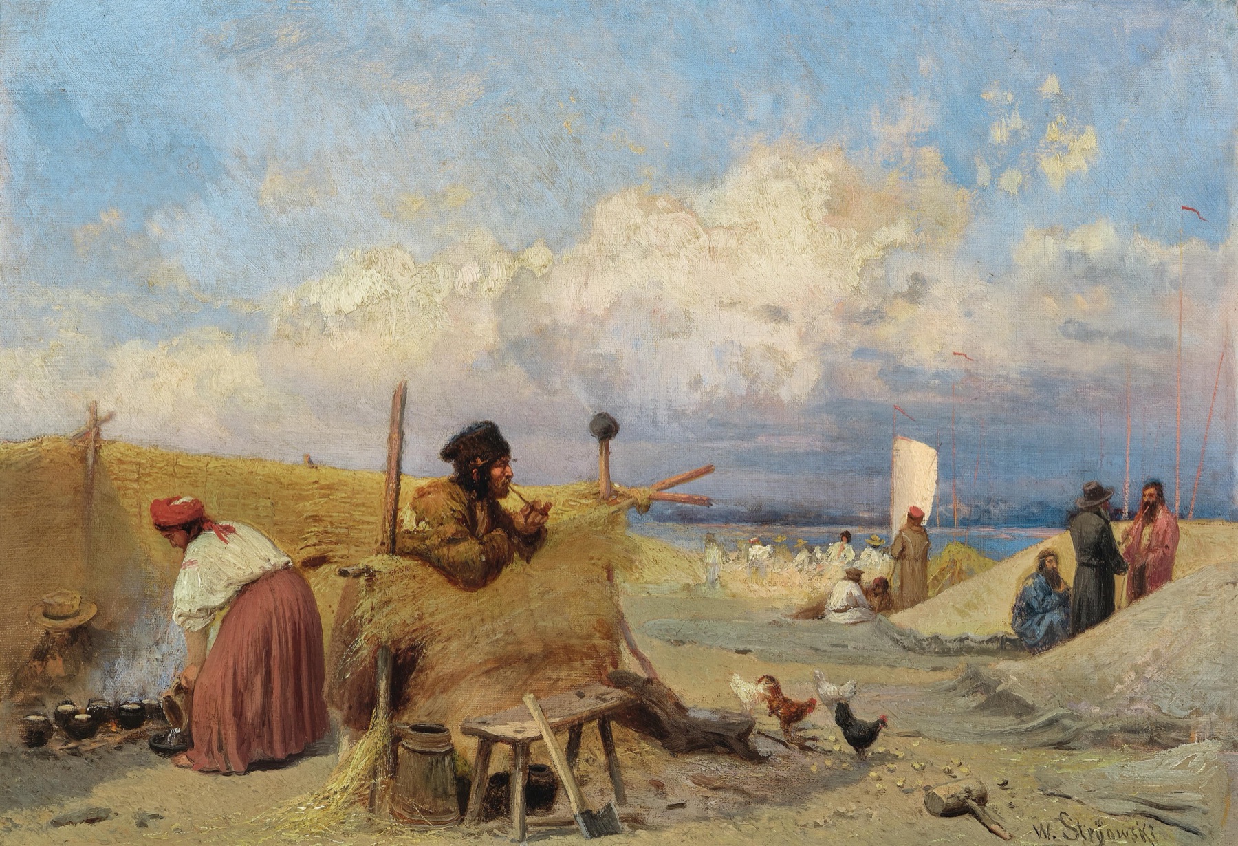 A sunny day by the Vistula, with big white clouds. On the left, a woman in a red headscarf bends over pots at a smoking fire. Next to her, in a straw shelter, a bearded man smokes a pipe. Hens on the sand; further back, a sail and people by the water.