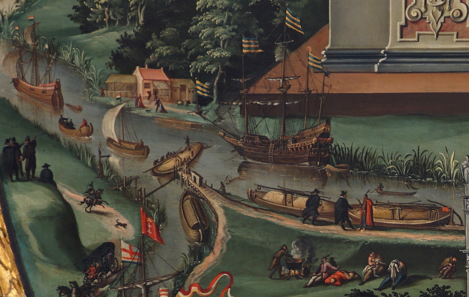 Part of a colourful painting. A winding river between green banks. On the water, long covered river boats, a small sailing boat and a large sailing ship with striped flags. At the bottom right, men around a cauldron over a fire, several of them lying on the grass. On the left, on a hill, people in dark cloaks.